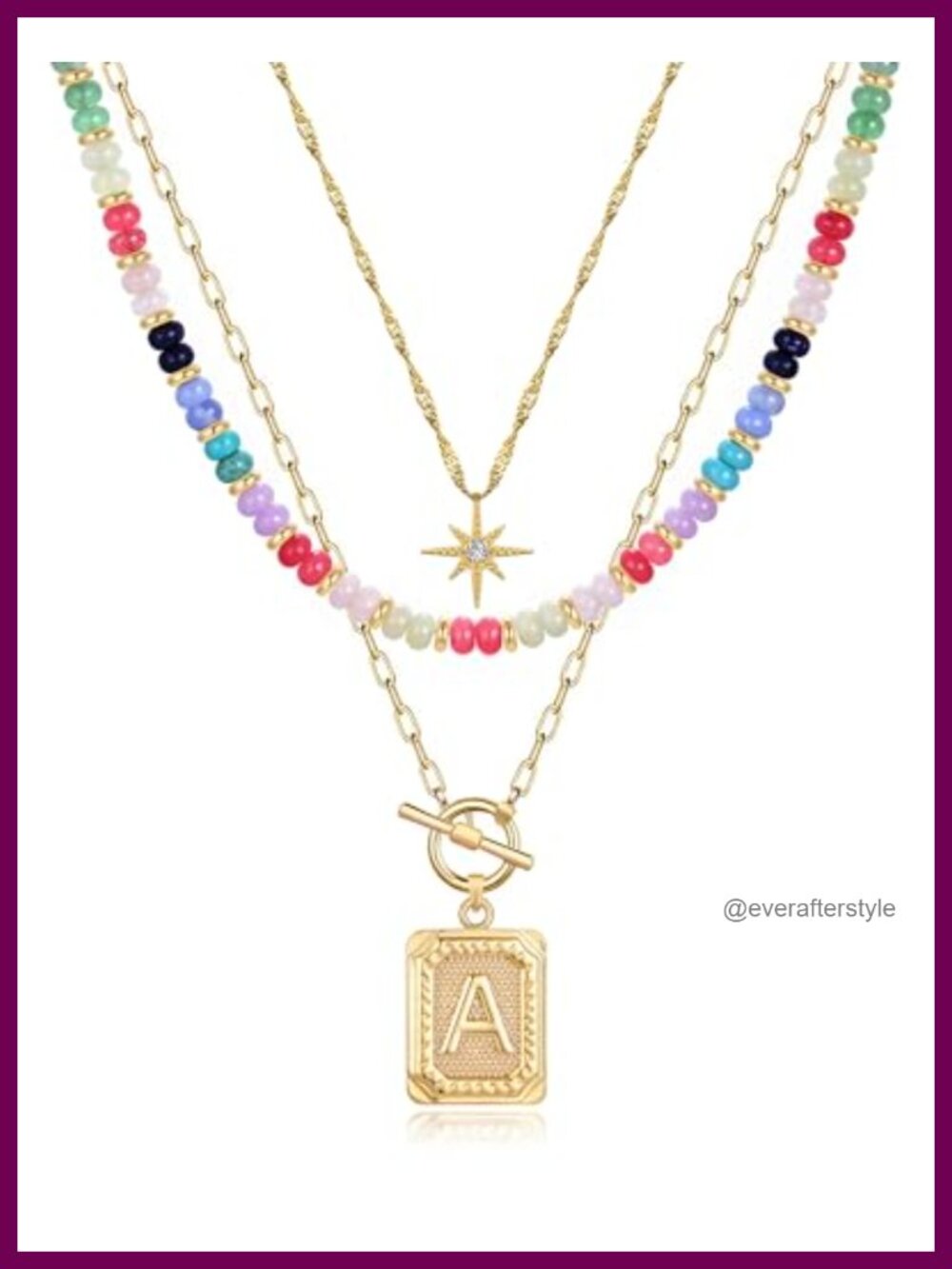3-Piece Layered Initial Necklace Set - 14K Gold Plated Brass Star Choker Beaded